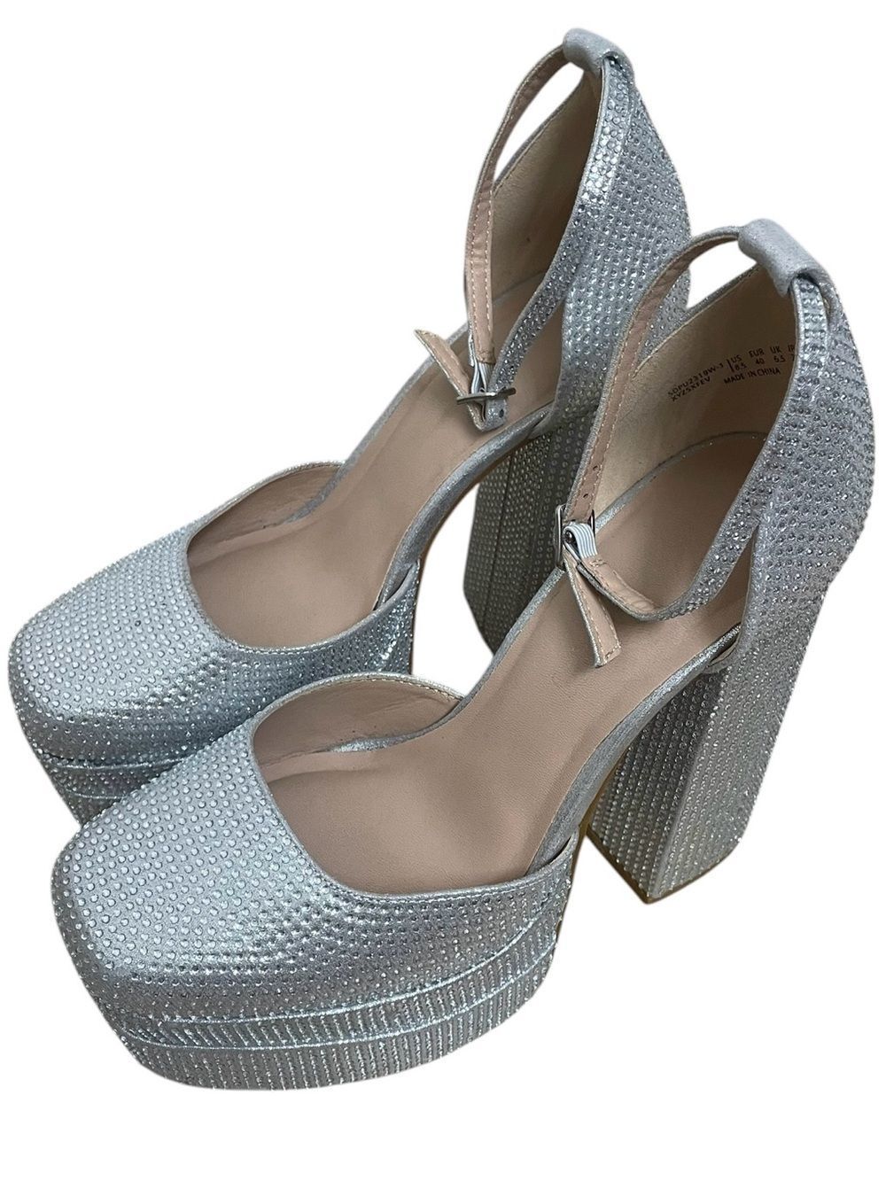 Silver Rhinestone Platform Block Heels Women’s Size 8.5 Party Shoes
